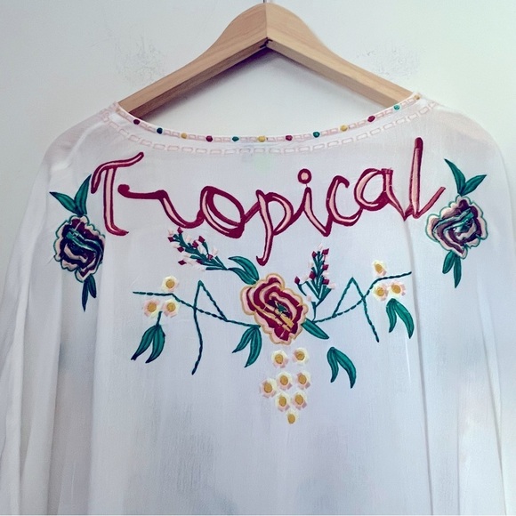 Rare Farm Rio Colorful Embroidered Tropical White Kaftan Beach Cover-up One Size - Picture 13 of 14